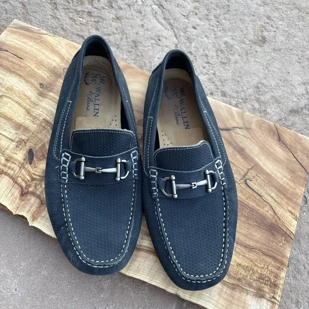 Saks Fifth Avenue Navy Blue Pebbled Leather Horse Bit Driving Shoe 10.5 Men‎